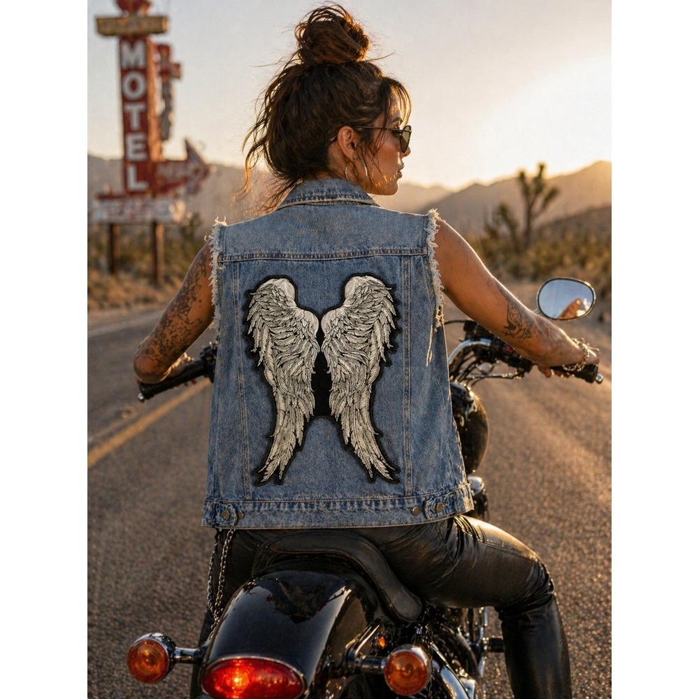 Denim Vest Womens L Distressed Angel Wings Biker Patch Jean Jacket YaYa Club